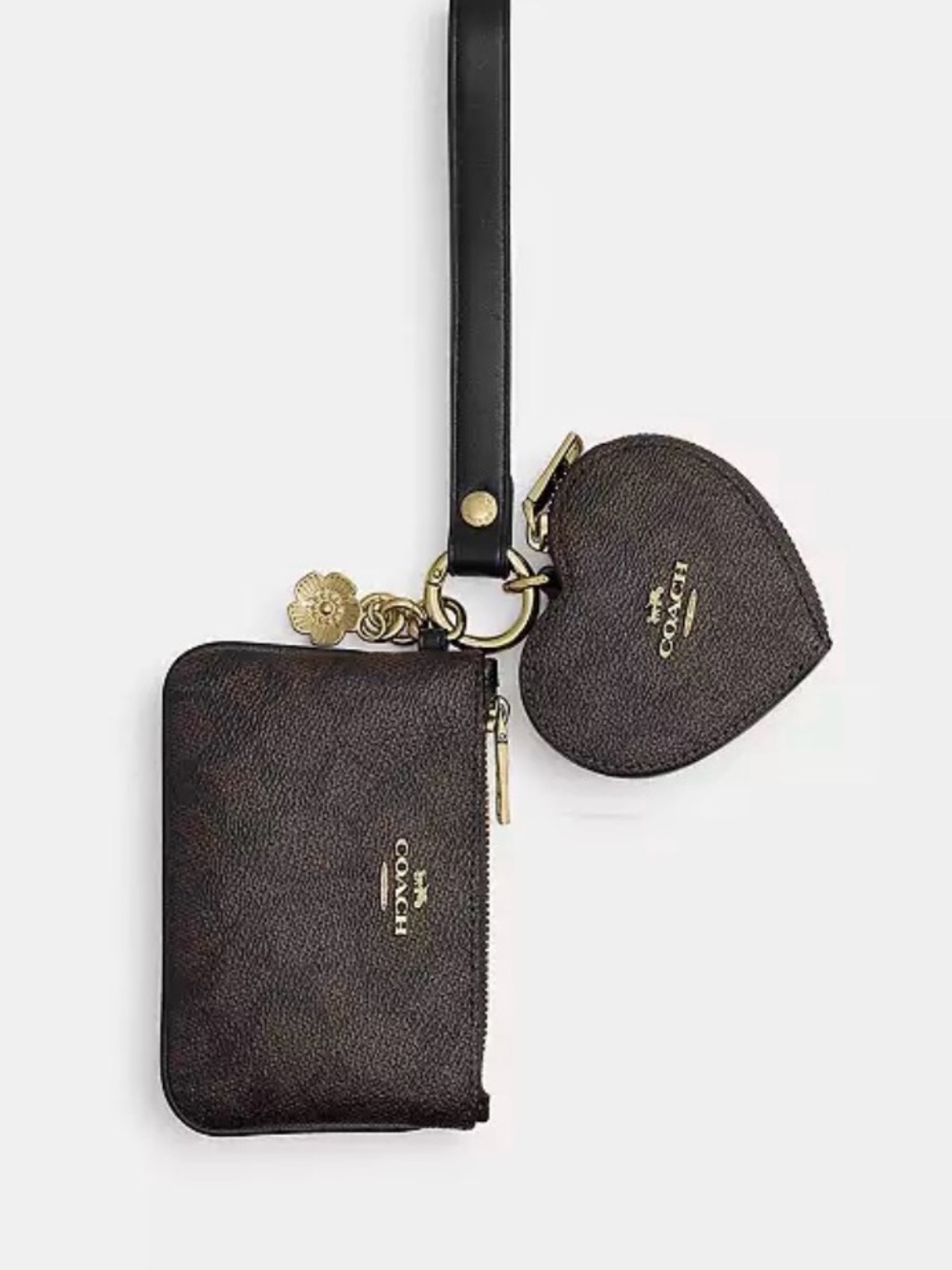 Coach Signature and Leather Wristlet with Heart Coin Pouch and Charm NWT
